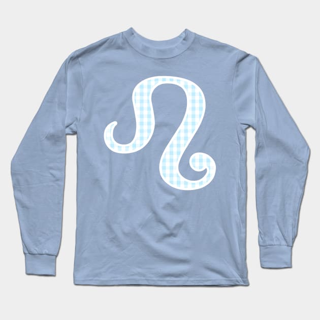 Leo Zodiac Horoscope Symbol in Pastel Blue and White Gingham Pattern Long Sleeve T-Shirt by bumblefuzzies